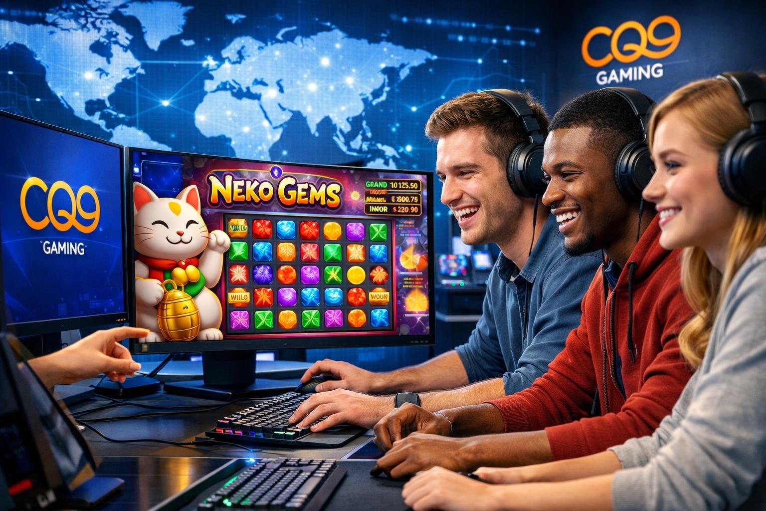 Sekelompok orang muda bermain game online dengan layar komputer yang menampilkan grafis warna-warni bertema permata.