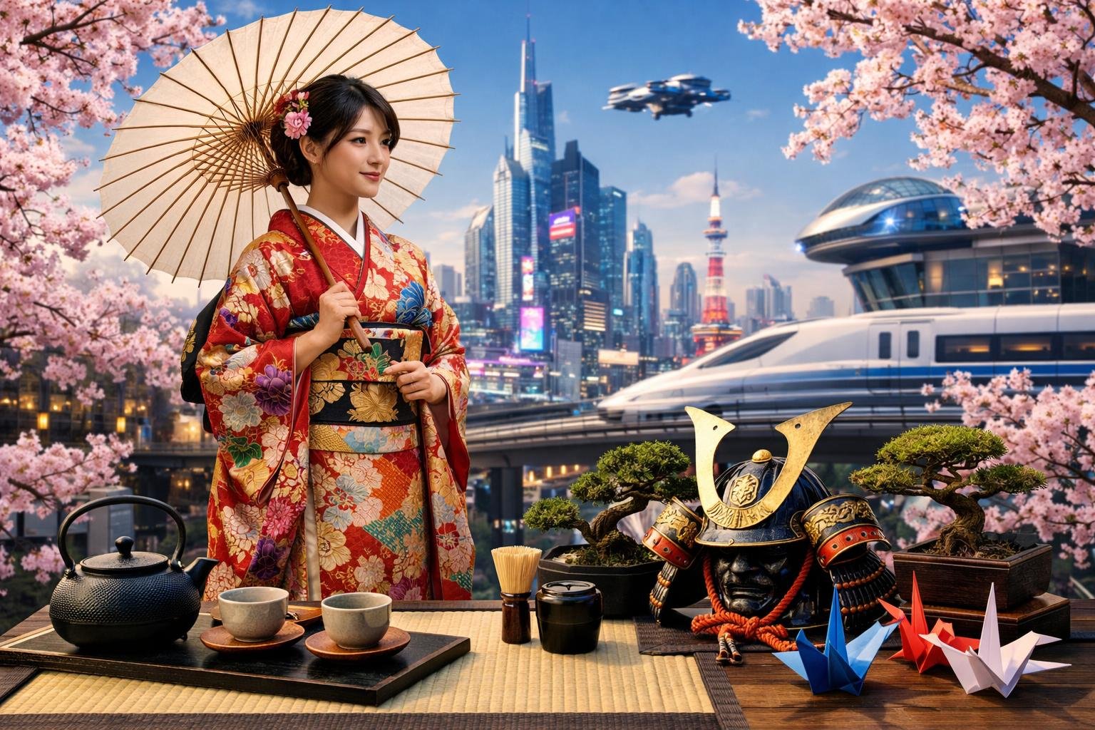 Seorang wanita Jepang mengenakan kimono berdiri di depan pemandangan kota modern dengan pohon sakura dan elemen budaya tradisional seperti upacara teh dan bonsai.