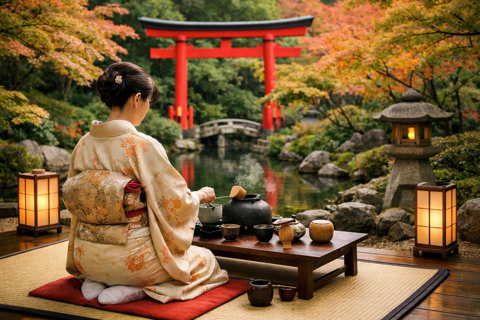 Seseorang mengenakan kimono sedang melakukan upacara minum teh tradisional di taman Jepang dengan gerbang torii merah dan pepohonan berdaun merah di latar belakang.