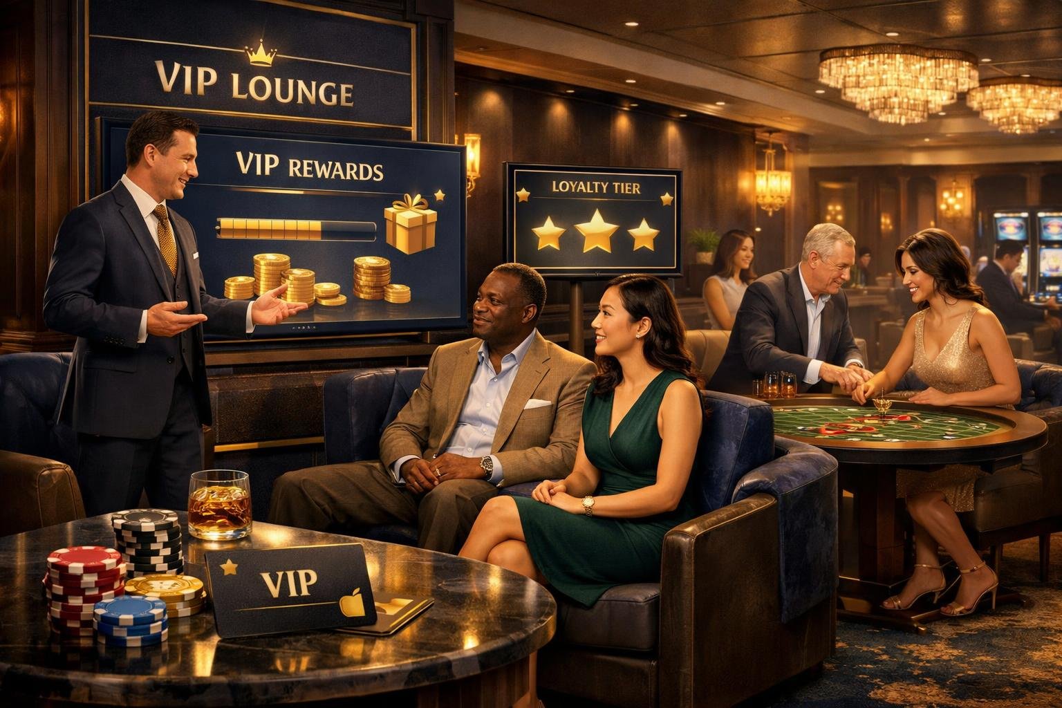 A Group Of Adults In A Casino Vip Lounge Engaging With Loyalty Programs And Rewards In A Calm And Responsible Setting.