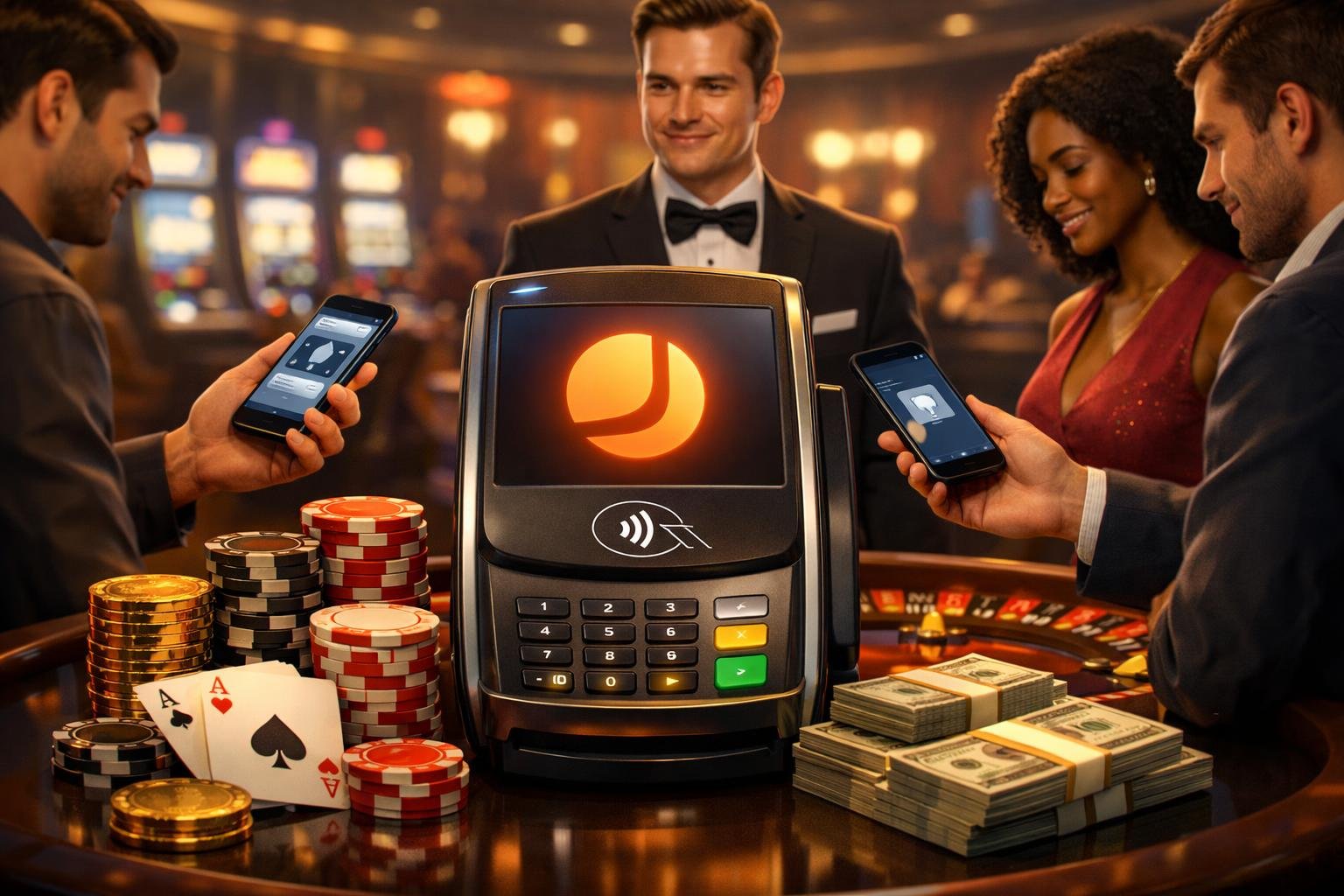 A Casino Scene Showing A Payment Terminal With The Jeton Logo, Casino Chips, Cards, And People Making Digital Payments Using Smartphones.