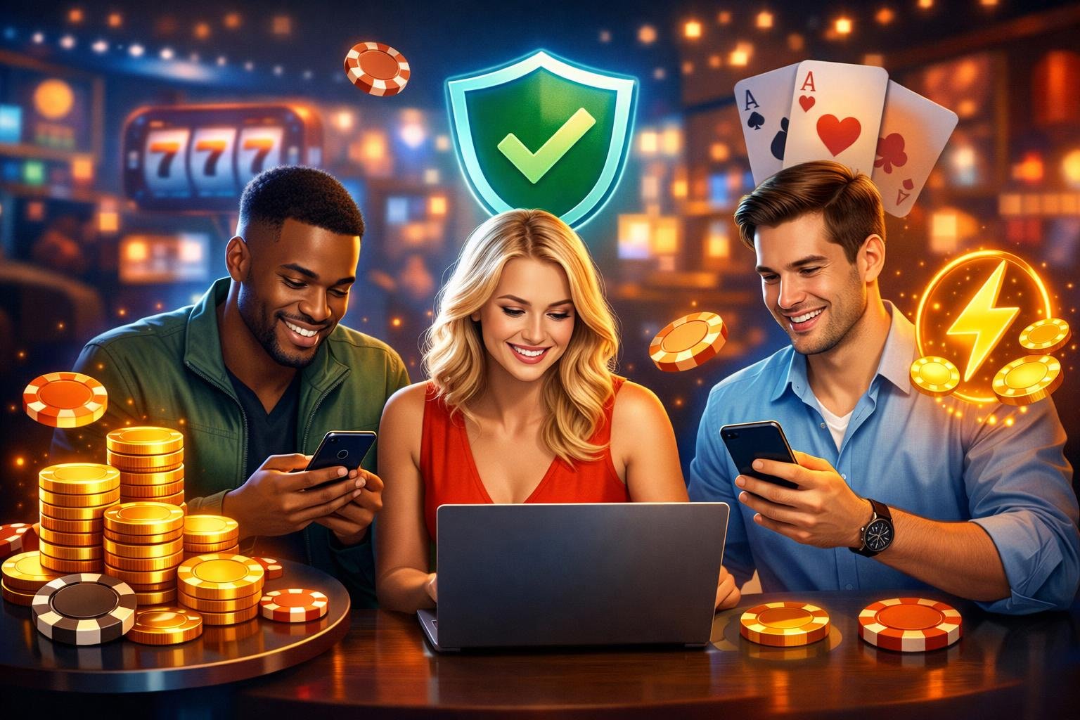 A Group Of Players Using Digital Devices Surrounded By Icons Representing Fast, Secure, And Easy Casino Payments.