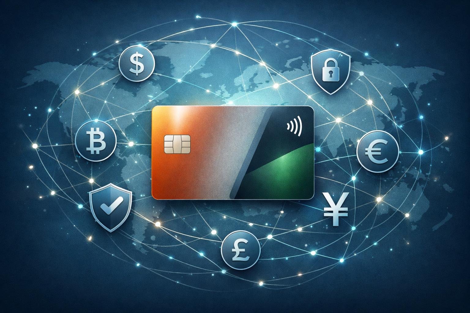 A Digital Wallet Surrounded By Interconnected Lines And Currency Icons Over A Faint World Map, Symbolizing Global Payment Connectivity.
