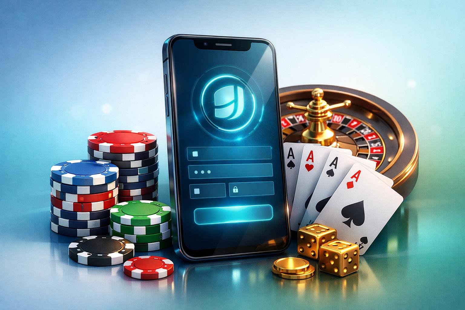 A Smartphone Displaying A Secure Payment Interface Surrounded By Poker Chips, Playing Cards, And A Roulette Wheel Representing Casino Payment With Jeton Wallet.