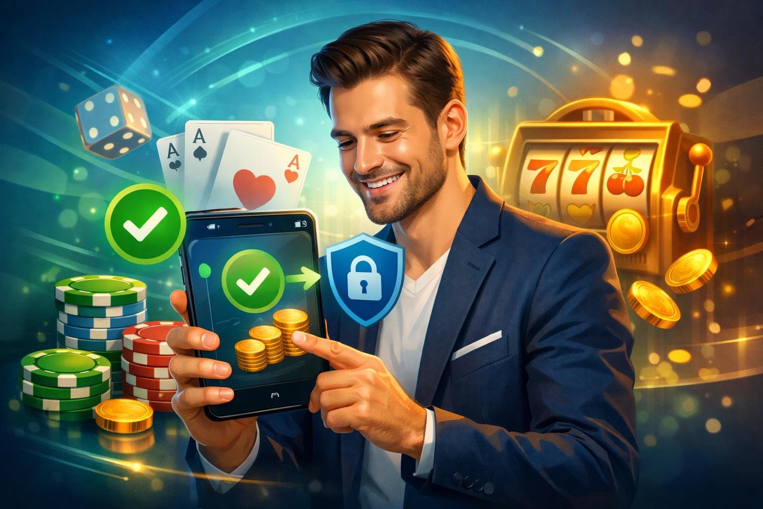 A Player Using A Smartphone With Digital Wallet Icons, Surrounded By Casino Elements Like Poker Chips And Playing Cards, Symbolizing Secure And Convenient Casino Payments.