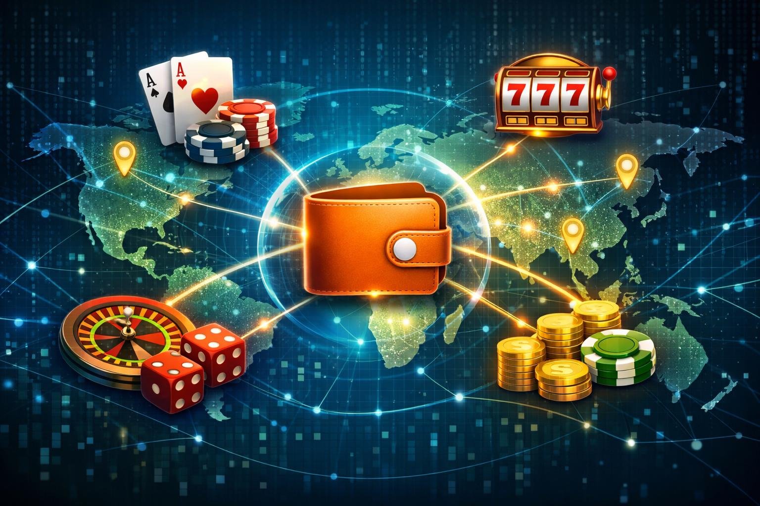 A Digital Wallet Connected To Casino Symbols And A World Map With Location Markers, Representing Global Compatibility And Reach.