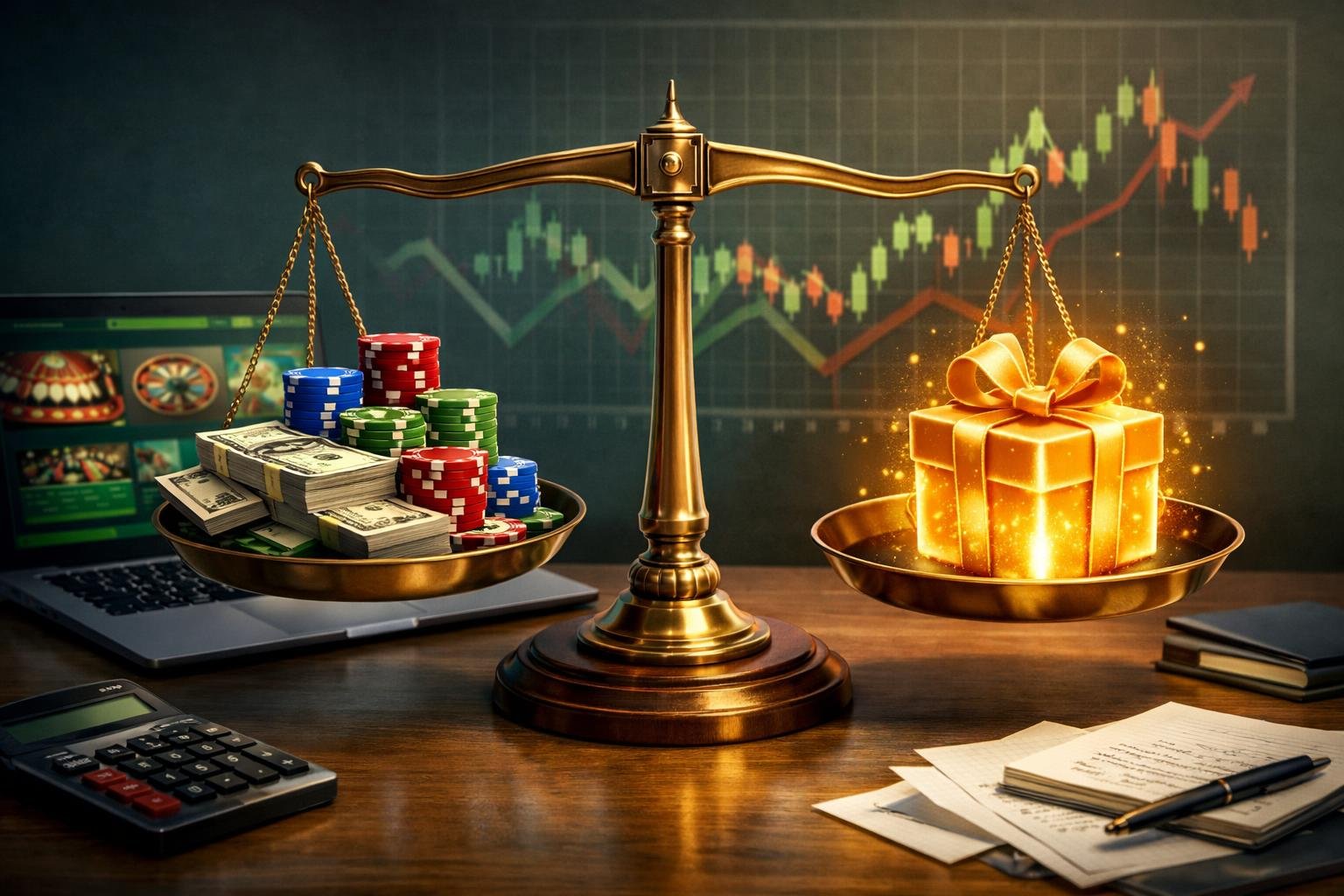 A Balanced Scale With Casino Chips And Money On One Side And A Glowing Gift Box On The Other, Set On A Desk With A Laptop, Calculator, And Notes, Symbolizing Analysis Of Casino Bonuses.