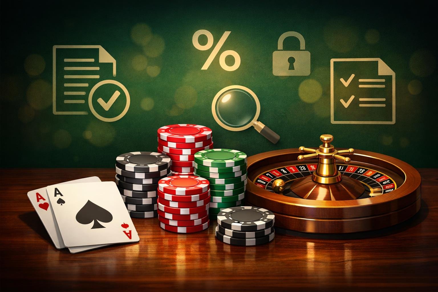 A Casino Table With Playing Cards, Poker Chips, And A Roulette Wheel Surrounded By Icons Representing Terms And Conditions.