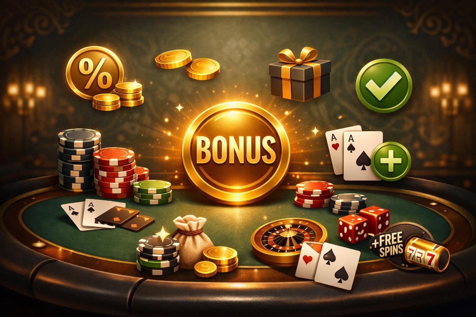 A Casino Table With Chips, Cards, And Bonus Tokens Surrounded By Floating Icons Representing Casino Bonus Concepts.