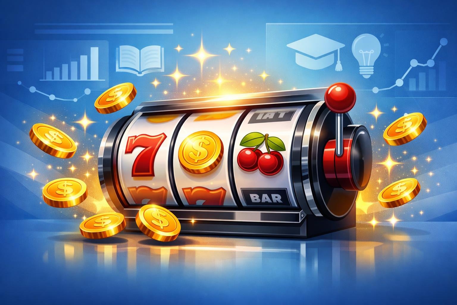 A Slot Machine With Spinning Reels, Surrounded By Floating Golden Coins And Sparkling Stars, Set Against A Background With Digital Charts And Icons Representing Learning.