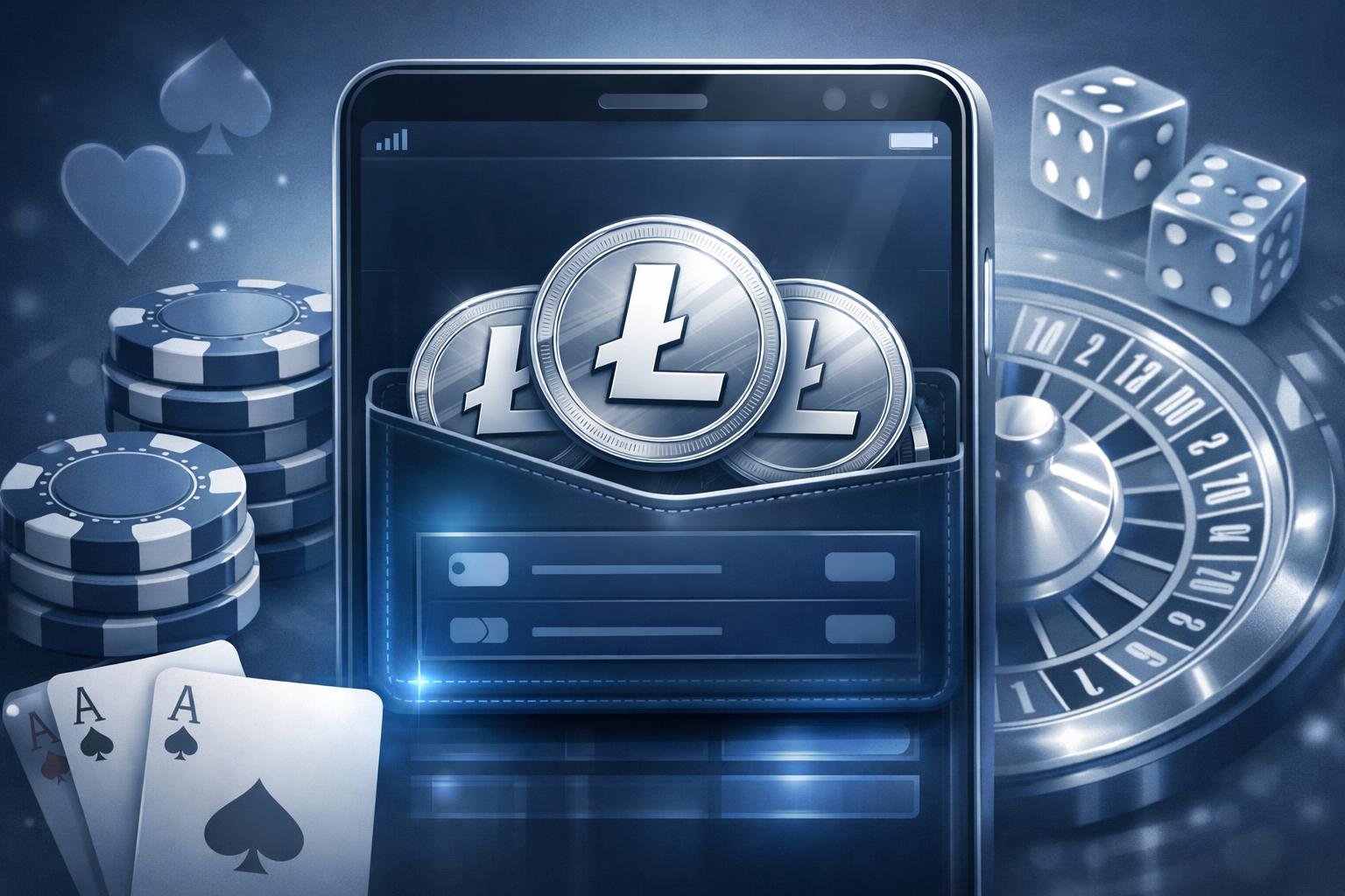 A Digital Wallet Displaying Litecoin Coins Alongside Casino Elements Like Poker Chips, Playing Cards, And A Roulette Wheel.