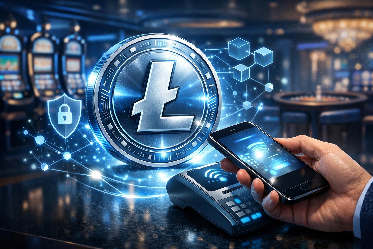 A Casino Scene Showing A Large Litecoin Coin With Digital Payment Icons And A Hand Using A Smartphone To Make A Transaction.