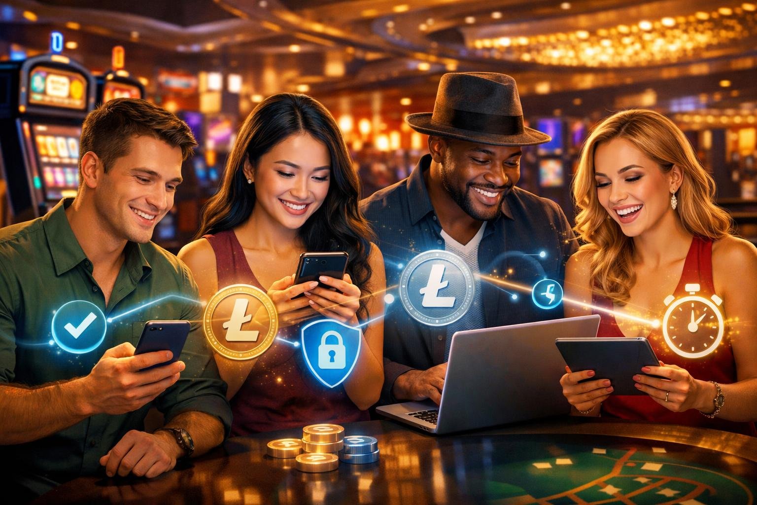 A Group Of Diverse Casino Players Using Digital Devices In A Modern Casino Setting, Surrounded By Glowing Litecoin Symbols And Icons Representing Secure And Fast Transactions.
