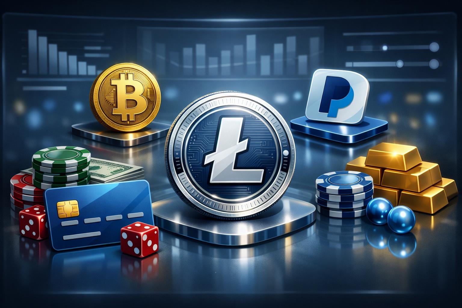 A Digital Illustration Showing Various Payment Method Icons Including Litecoin, Credit Cards, Paypal, And Bitcoin Arranged For Comparison.