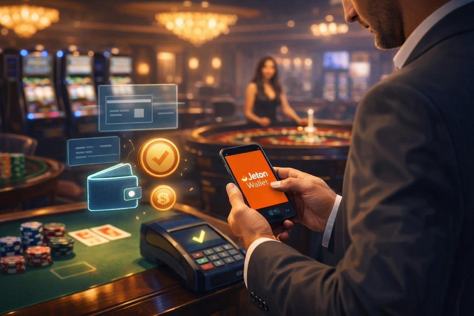 A Person Using A Smartphone To Make A Digital Payment In A Modern Casino With Gaming Tables And Slot Machines In The Background.