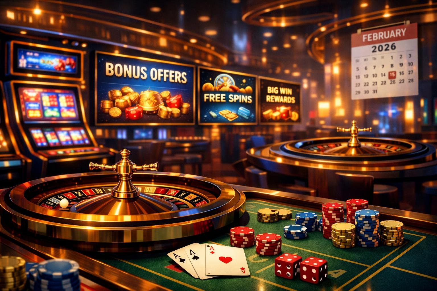 A Modern Casino Interior With Slot Machines, Roulette Tables, And Digital Screens Showing Bonus Offers, Set In A Vibrant And Elegant Atmosphere.