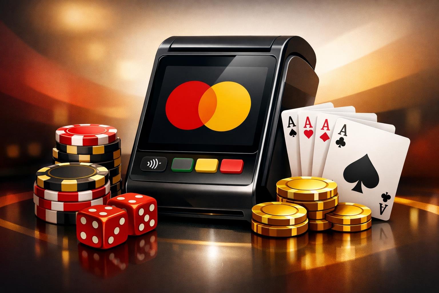A Casino Payment Terminal With Mastercard Colors Surrounded By Poker Chips, Dice, And Playing Cards.