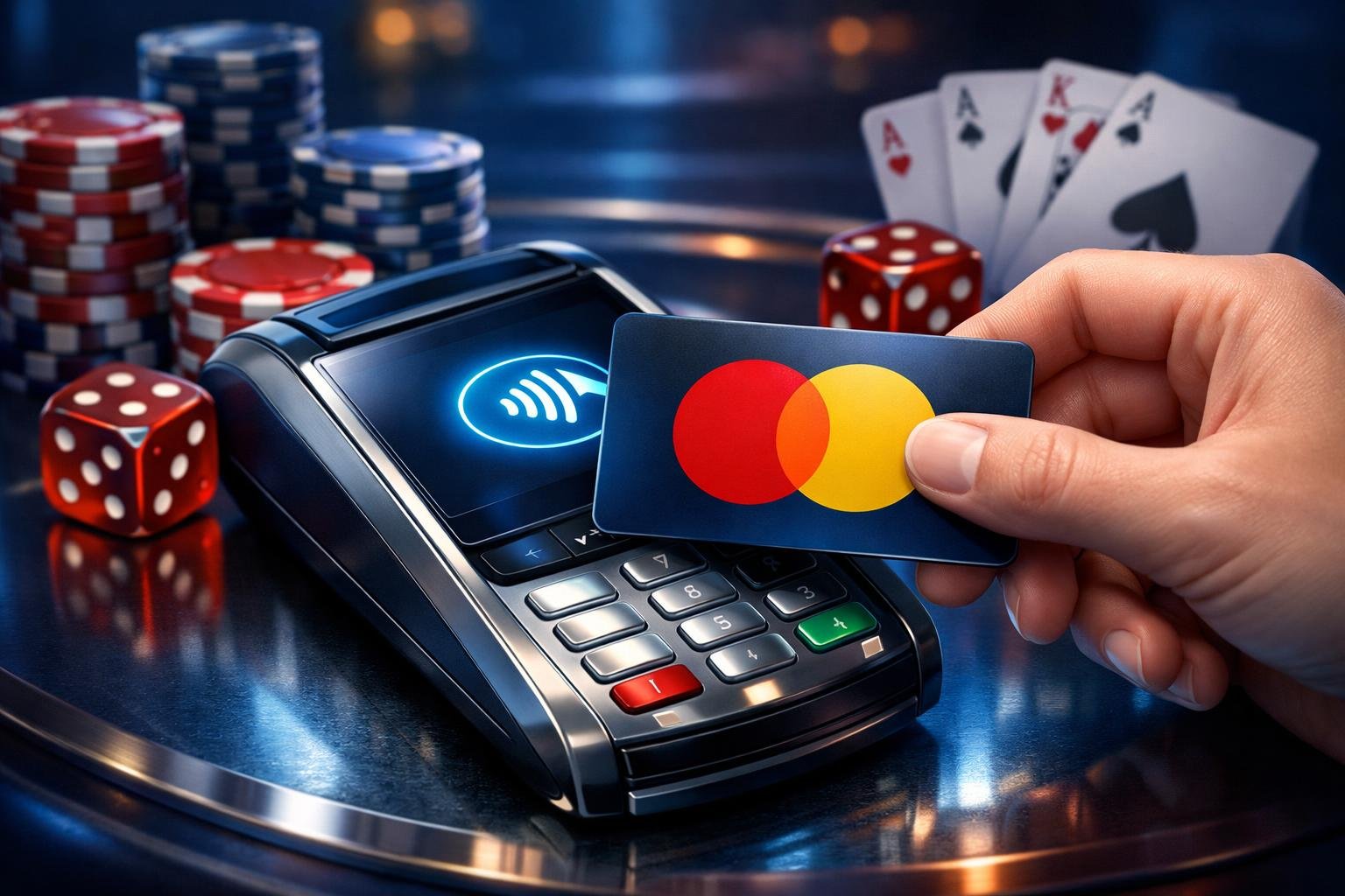 A Hand Holding A Mastercard Maestro Card Near A Payment Terminal With Casino Chips And Dice In The Background.