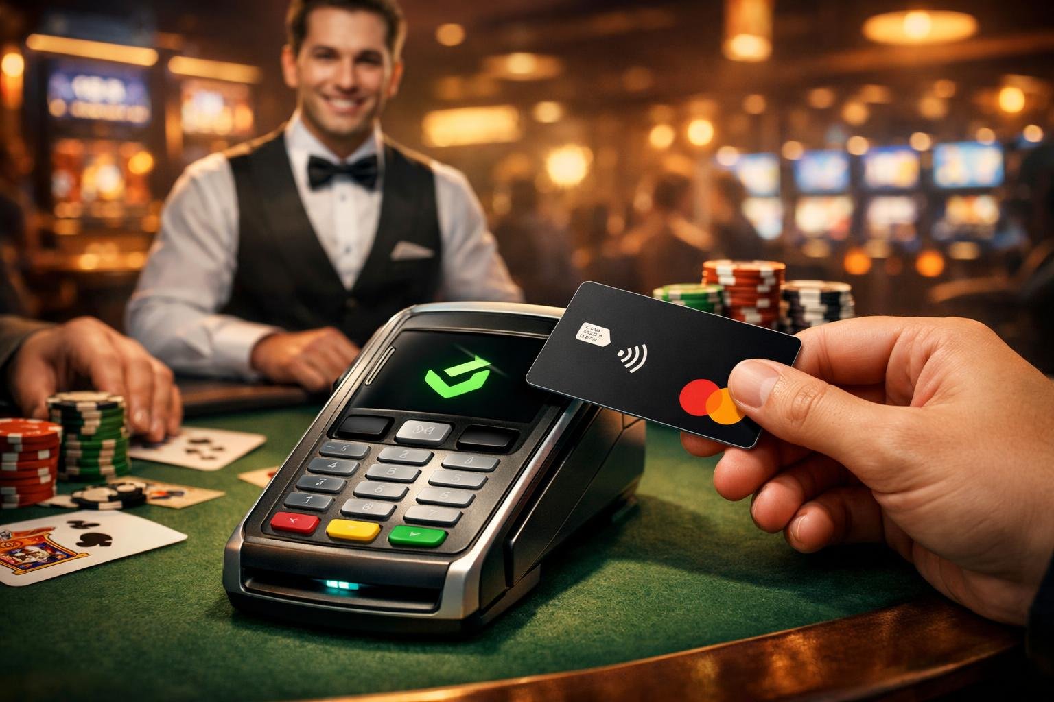 A Casino Scene Showing A Person Using A Mastercard Credit Card To Make A Payment At A Gaming Table With Chips And Cards Nearby.