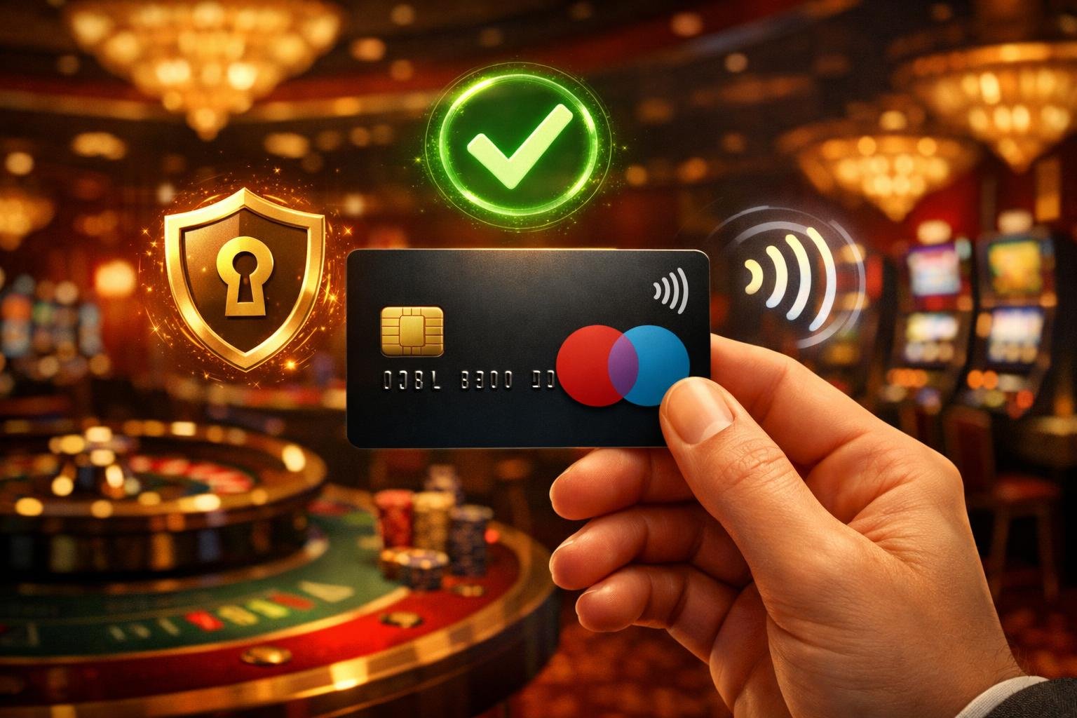 A Hand Holding A Mastercard Maestro Card In Front Of A Casino Scene With Gaming Tables And Slot Machines In The Background, Accompanied By Icons Representing Secure And Contactless Payments.