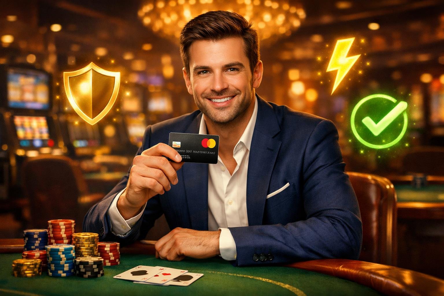 A Happy Player Holding A Mastercard At A Casino Table With Poker Chips And Cards, Surrounded By Icons Representing Security, Speed, And Convenience.