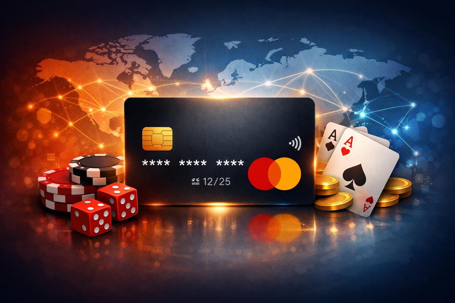 A Mastercard Credit Card Surrounded By Casino Elements Like Poker Chips And Dice, Overlaid On A World Map With Glowing Lines Representing Global Connections.