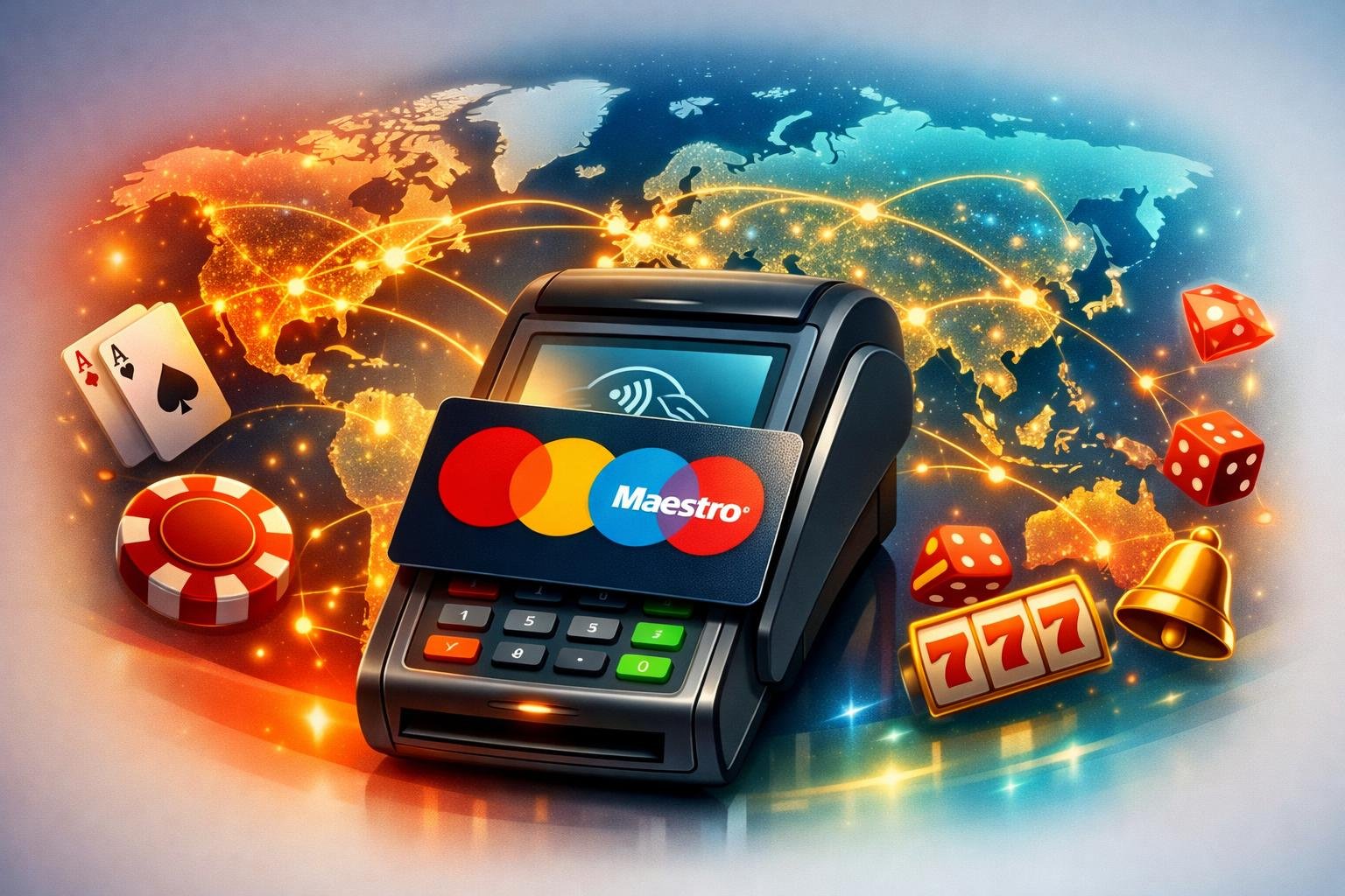 A Digital Payment Terminal With A Mastercard Maestro Card In Use, Surrounded By A Glowing World Map With Connected Lines And Casino Icons Like Poker Chips And Playing Cards.
