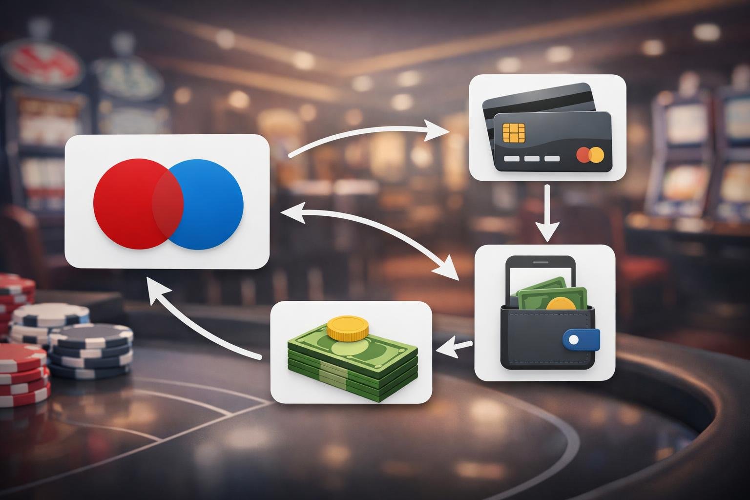 Illustration Showing A Comparison Of Mastercard Maestro And Other Casino Payment Methods With Icons Of Cards, Digital Wallets, And Cash In A Casino Setting.