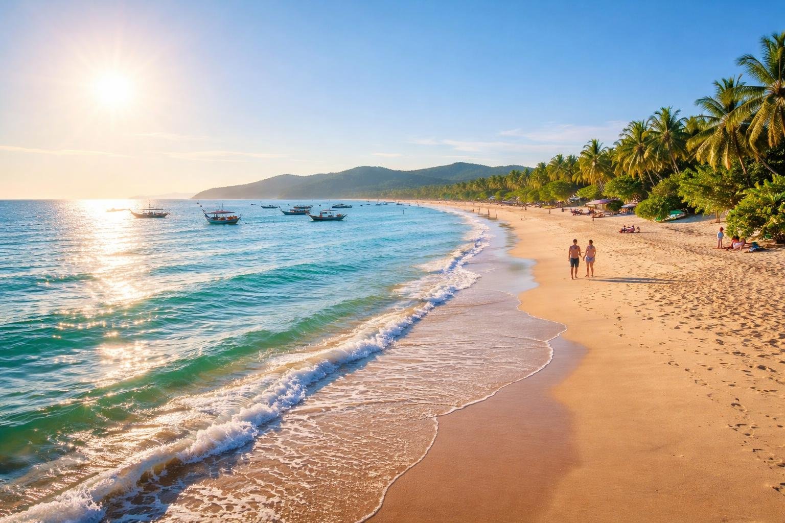 Bãi biển Hải Tiến với cát trắng, sóng nhẹ, ánh nắng vàng và vài người đi dạo trên bờ biển vào lúc bình minh hoặc hoàng hôn.