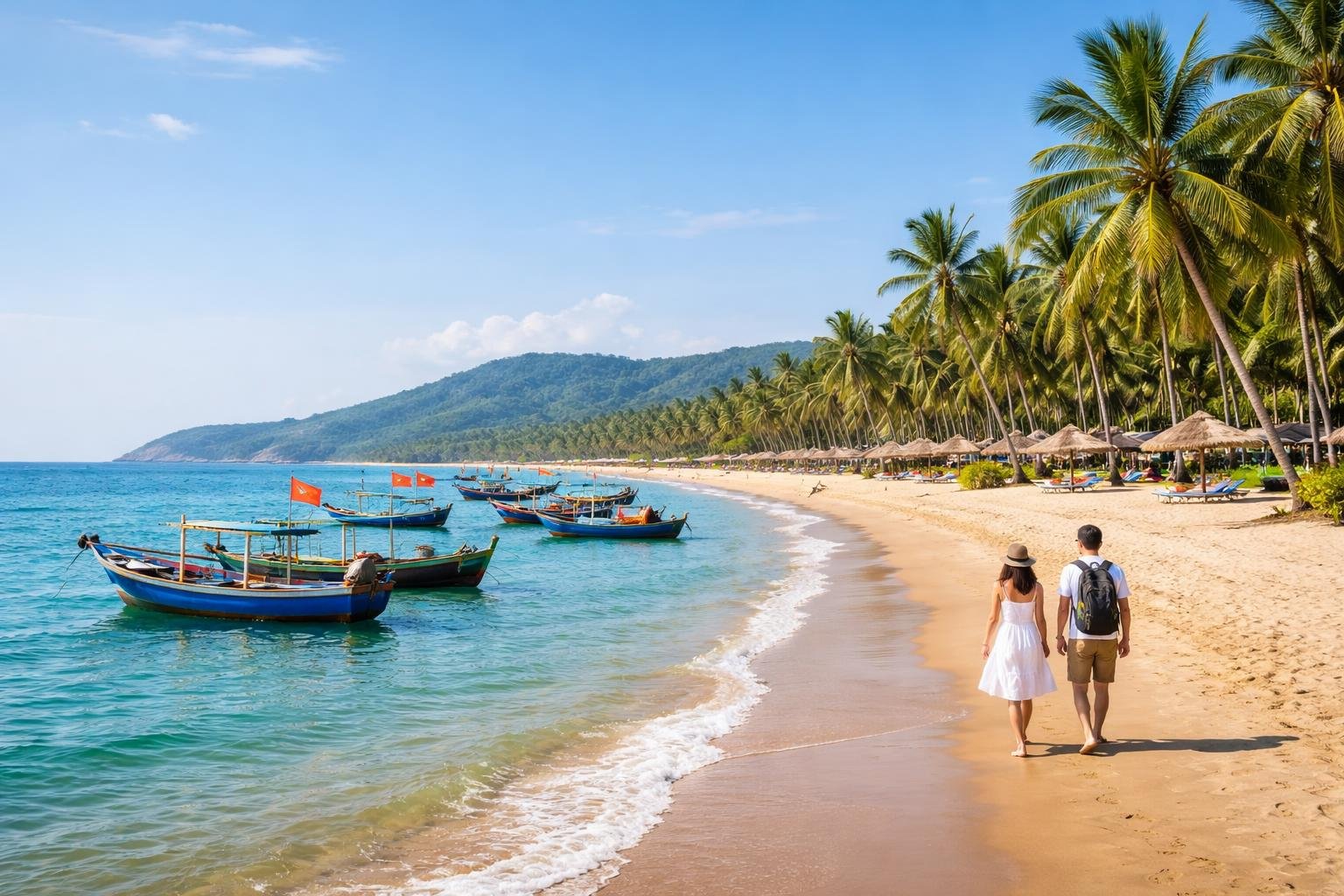 Bãi biển Hải Tiến với cát vàng, sóng biển nhẹ nhàng và vài chiếc thuyền đánh cá gần bờ, có khách du lịch đi dạo trên bãi biển.