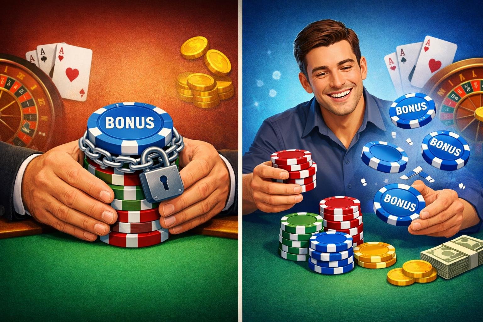A Split Scene Showing A Casino Player With Bonus Chips Attached By A Chain On One Side And A Player Separating Bonus Chips Freely On The Other Side, Illustrating Two Types Of Casino Bonuses.
