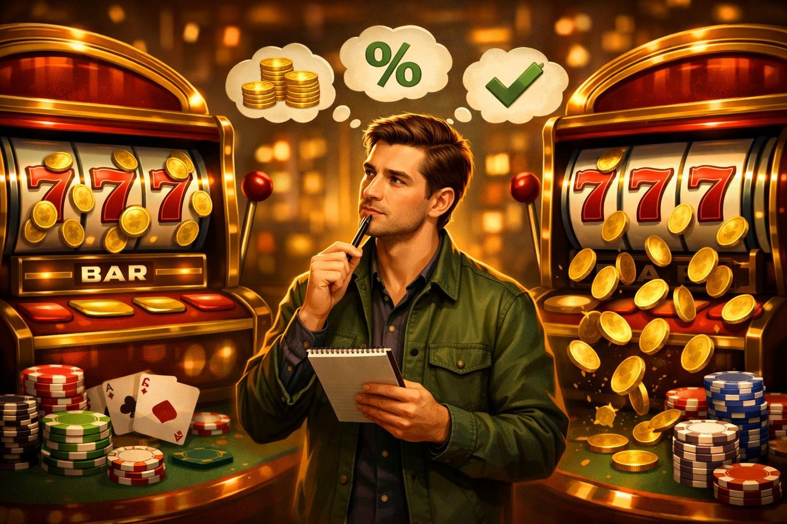 A Person Thoughtfully Comparing Two Slot Machines, One With Coins Sticking To The Reels And One With Coins Falling Freely, Set In A Casino Environment With Poker Chips And Cards.