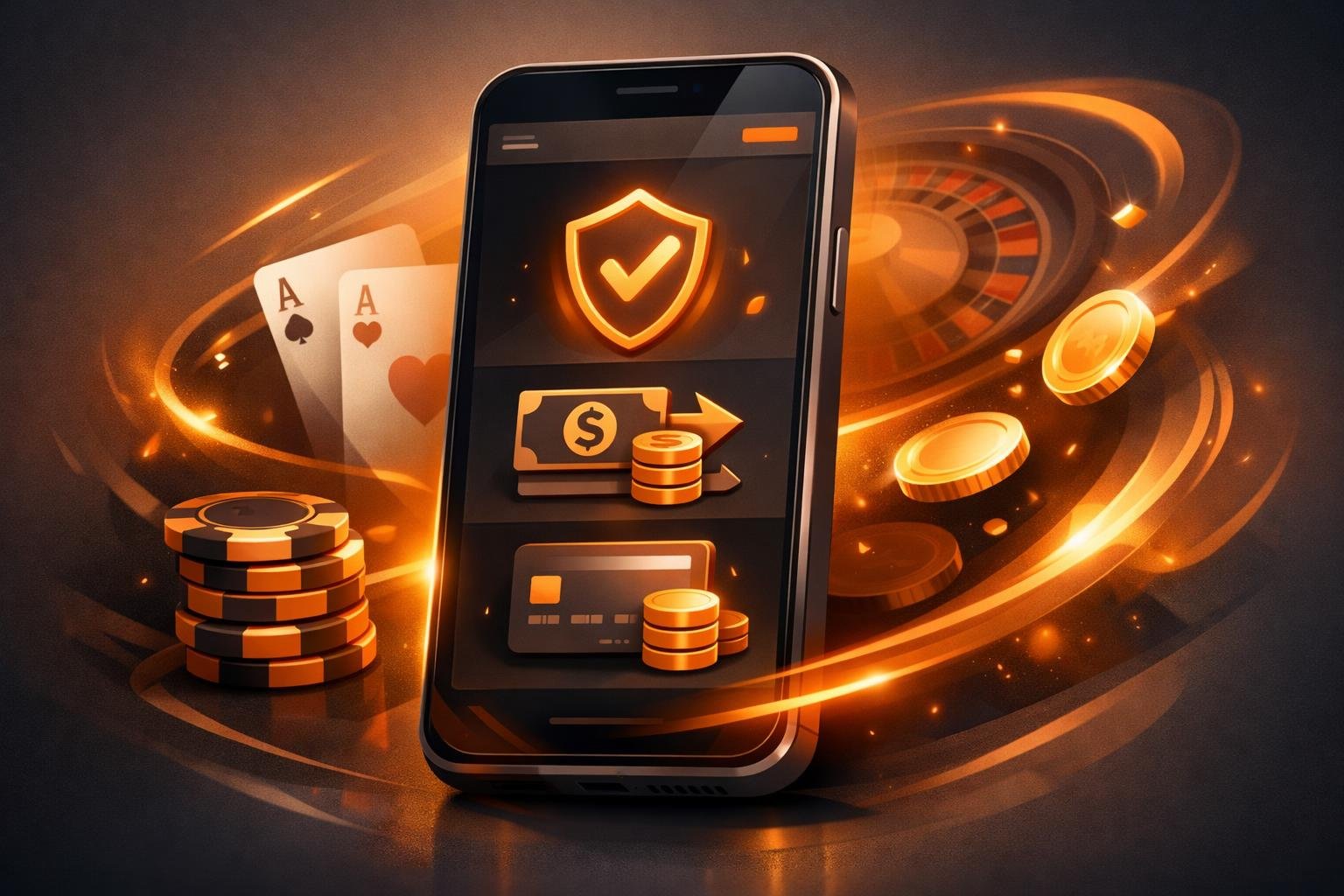 A Smartphone Displaying A Digital Wallet Interface With Icons Representing Secure Payments And Casino Gaming, Surrounded By Abstract Shapes And Glowing Effects.