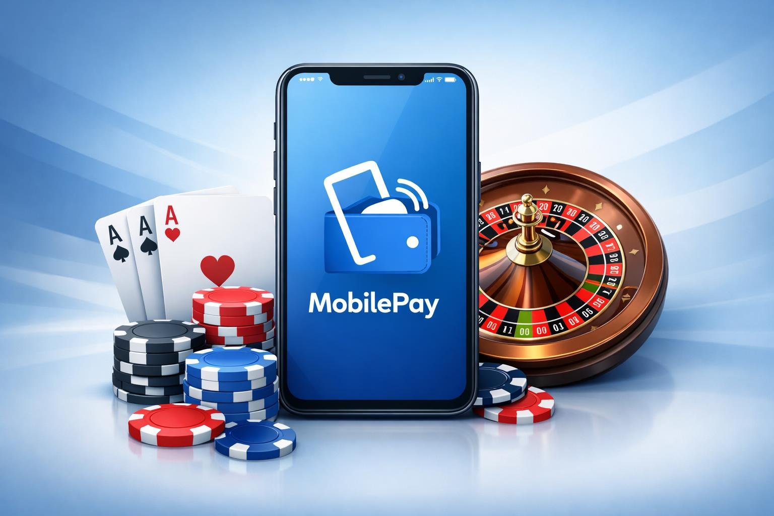 A Smartphone Showing A Digital Wallet With The Mobilepay Logo, Surrounded By Poker Chips, Playing Cards, And A Roulette Wheel.