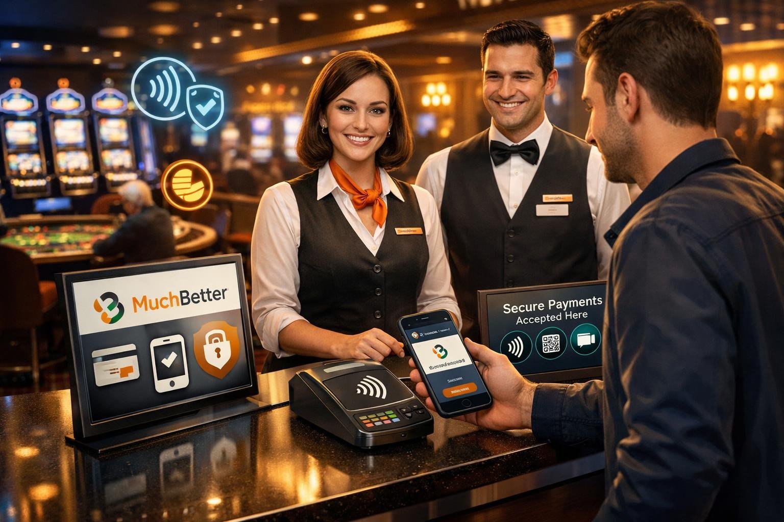 A Person Making A Payment With A Smartphone At A Casino Counter, With Slot Machines And Gaming Tables In The Background.