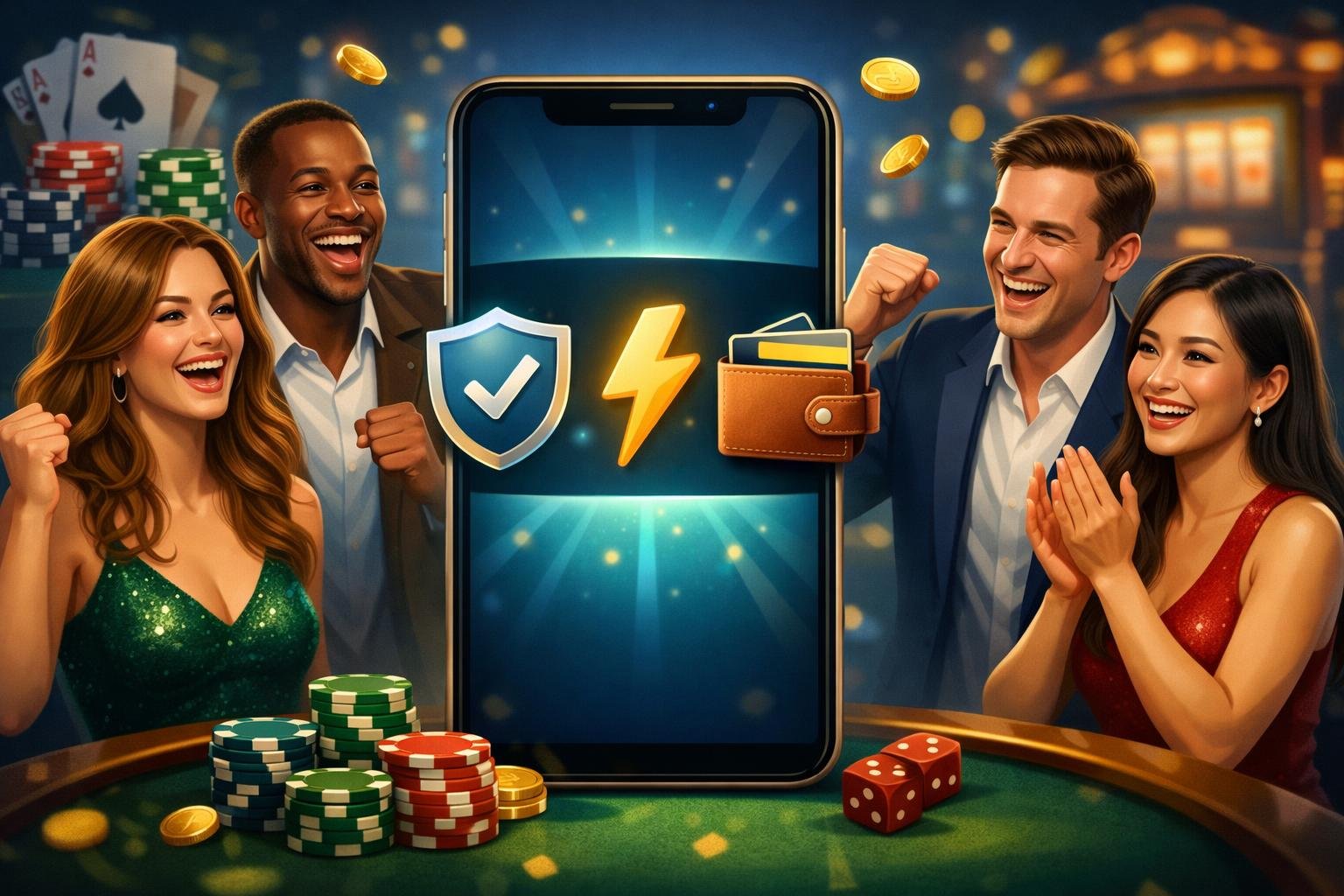 A Group Of Happy Casino Players Celebrating Around A Smartphone Displaying Secure And Fast Payment Icons, With Casino Elements In The Background.