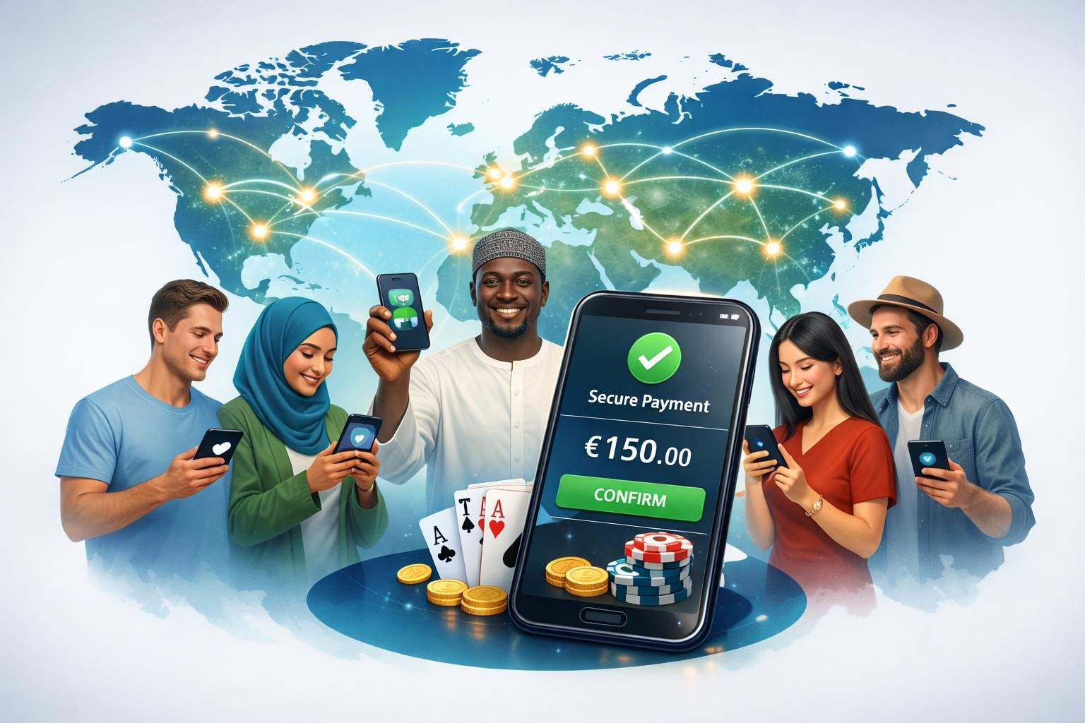 People From Different Regions Using Mobile Devices Connected By Glowing Lines Over A World Map, Illustrating Global Mobile Payment Compatibility.