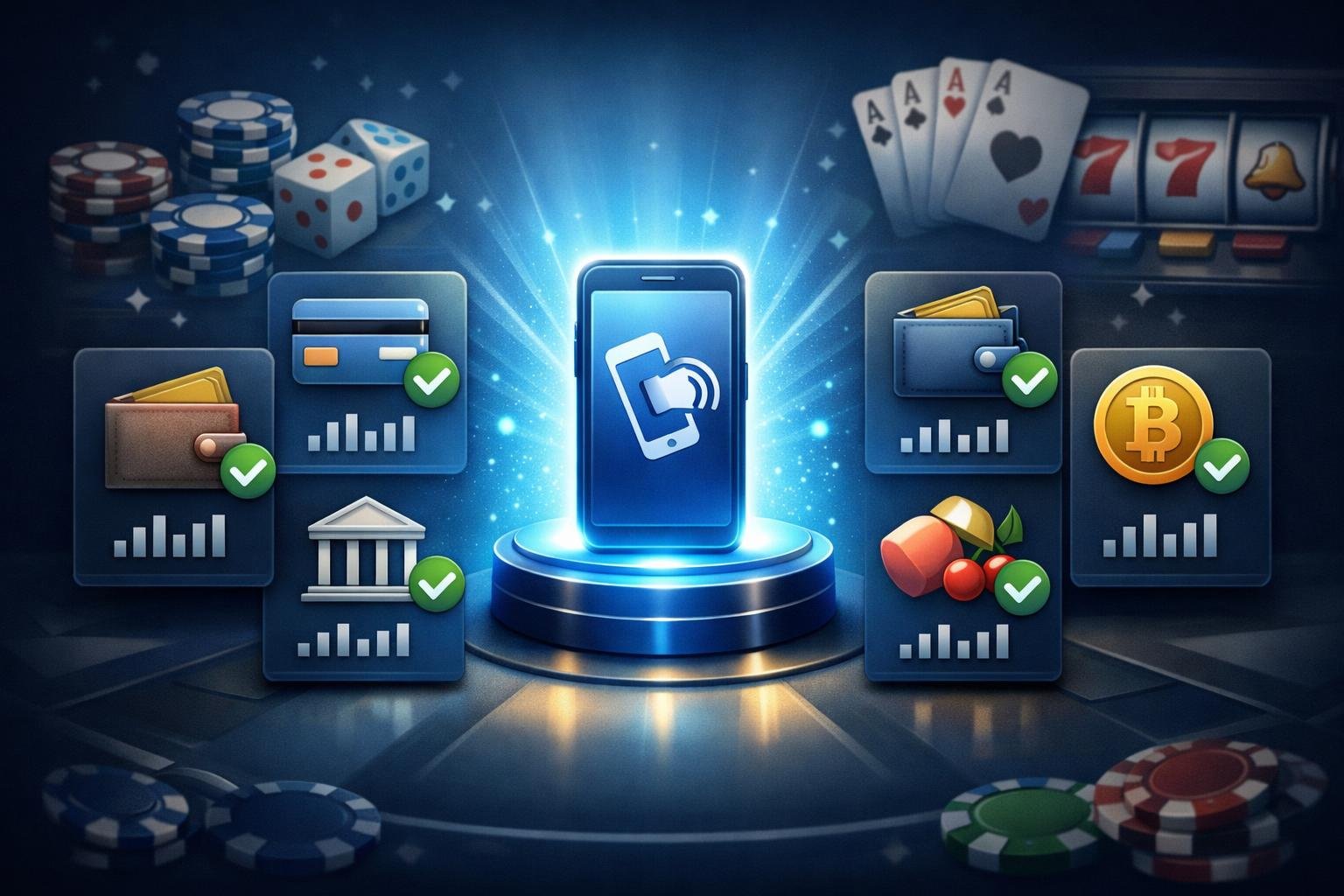 A Digital Interface Showing Icons Of Various Payment Methods With Mobilepay Highlighted, Surrounded By Casino Elements Like Poker Chips And Playing Cards.