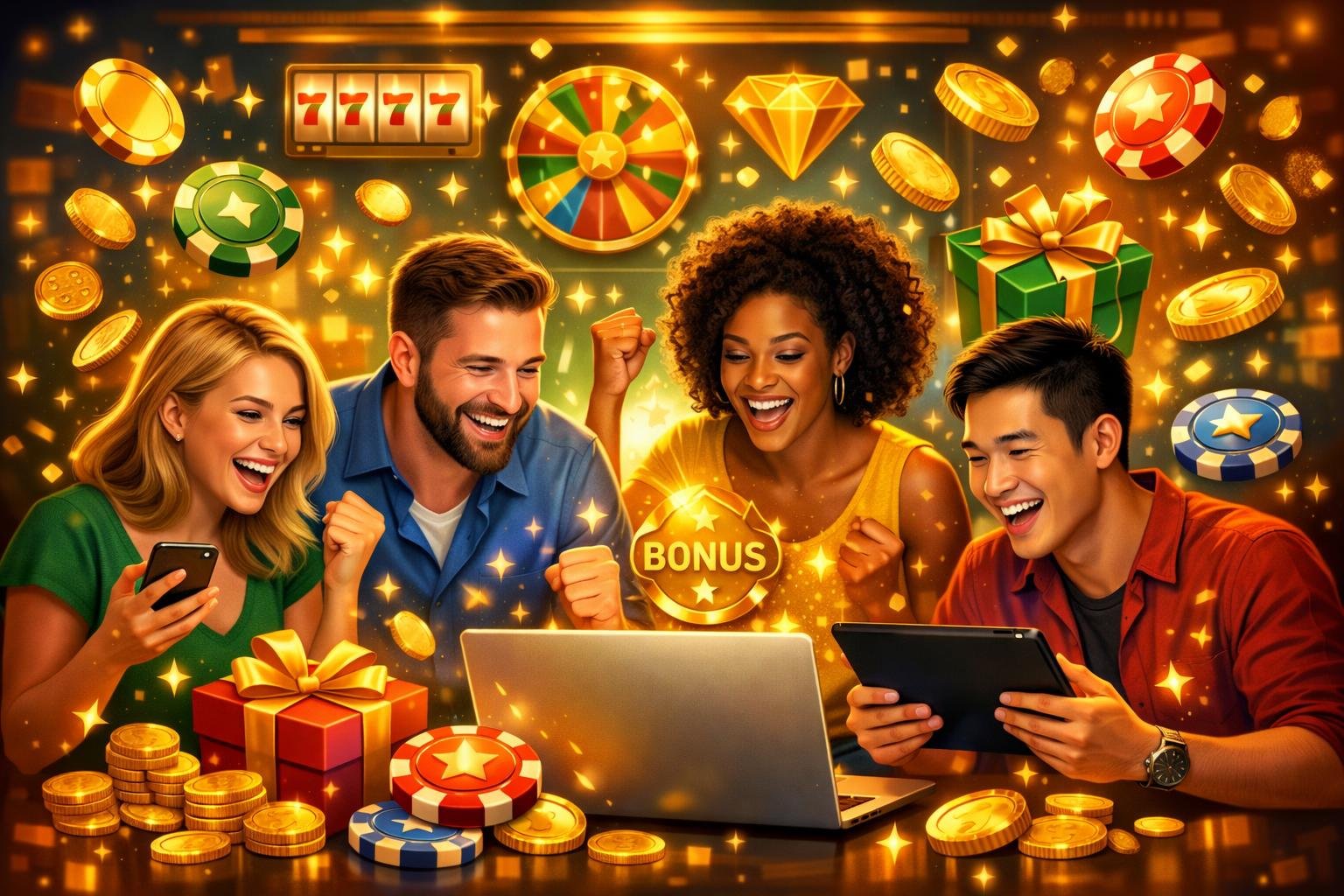 A Group Of Diverse People Happily Using Digital Devices Surrounded By Glowing Coins, Chips, And Gift Boxes Representing Online Casino Bonuses.
