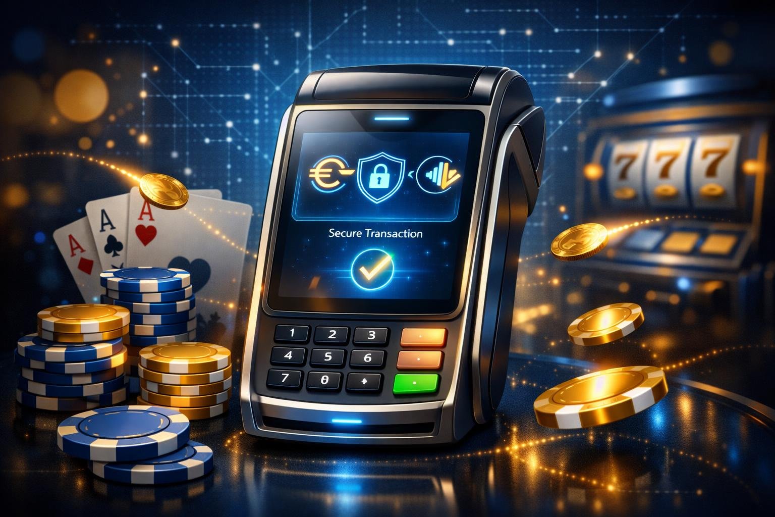 A Digital Payment Terminal With Casino Elements Like Poker Chips And Playing Cards Around It, Symbolizing A Secure And Modern Casino Payment Method.