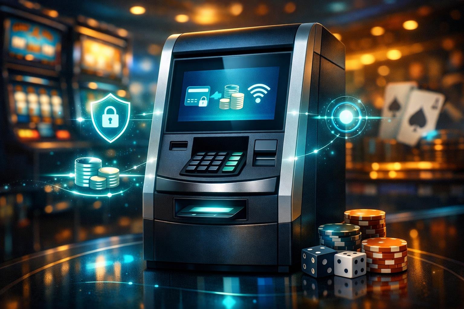 A Casino Scene Showing A Modern Payment Terminal With Digital Icons Indicating Secure Transactions, Surrounded By Casino Elements Like Slot Machines And Poker Chips.