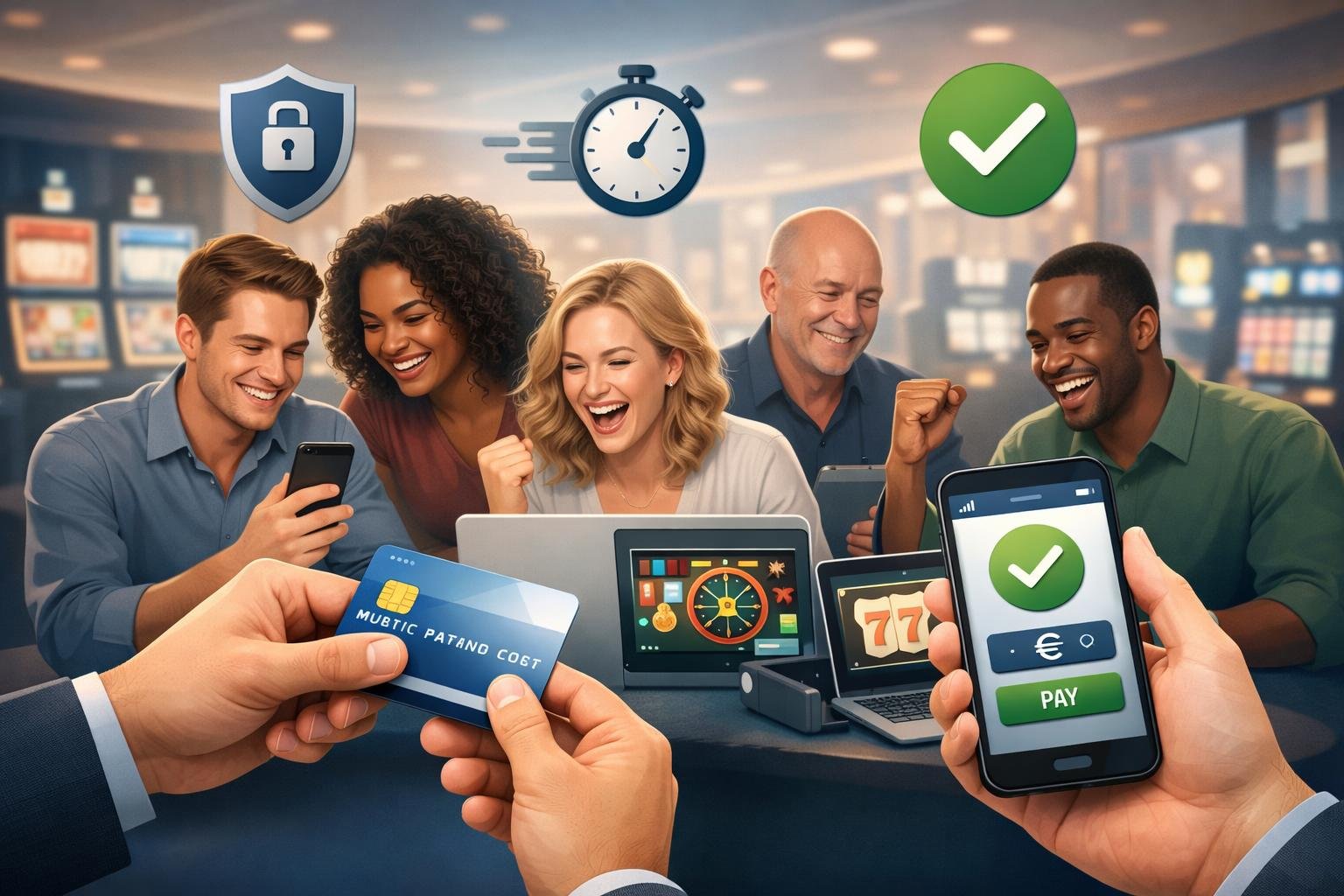 A Group Of Casino Players Using Smartphones And Laptops To Make Secure Payments In A Modern Casino Setting.