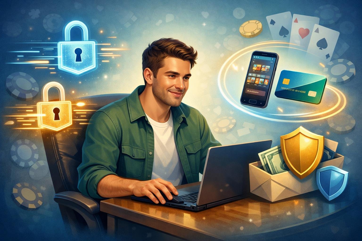 A Player Using A Computer To Make A Secure And Convenient Online Casino Payment With Symbols Representing Fast Transactions, Privacy, And Ease Of Use.