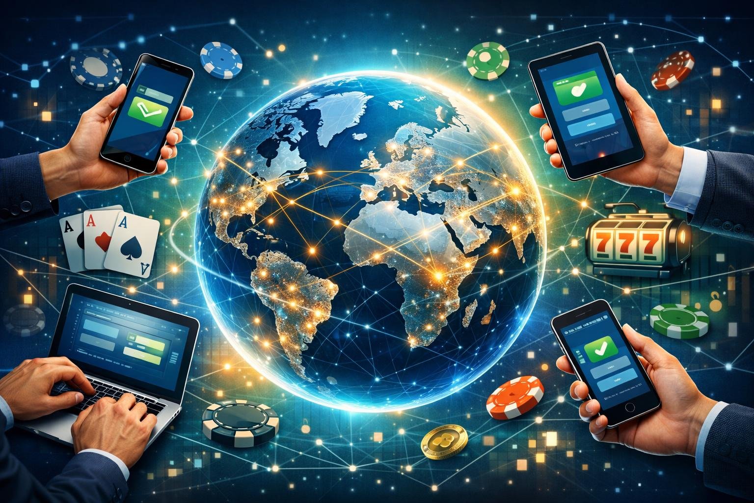 A Digital Globe Connected By Network Lines With Diverse Hands Holding Smartphones, Tablets, And Laptops Around It, Alongside Subtle Casino Elements Like Poker Chips And Playing Cards.