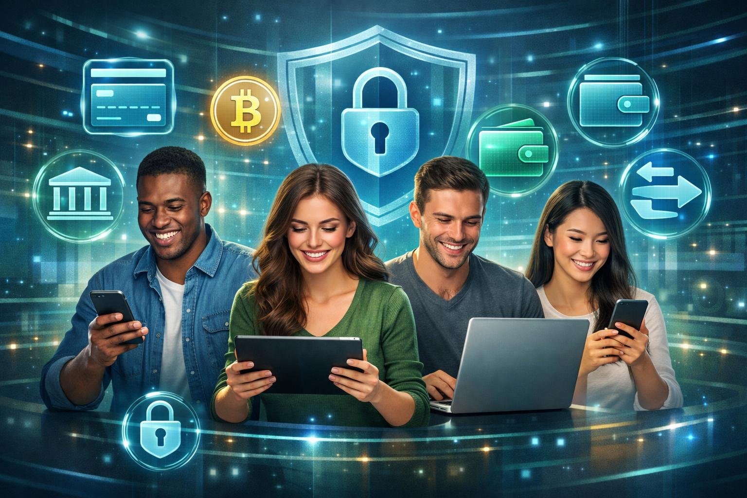 A Group Of Diverse Players Using Digital Devices Surrounded By Icons Representing Various Online Casino Payment Methods And Security Symbols.