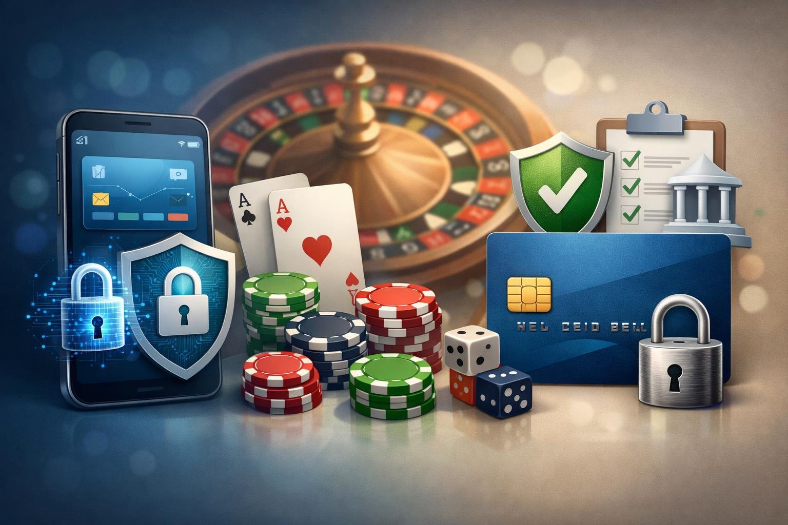 A Balanced Illustration Comparing EWallets And Credit Cards With Security Icons And Casino Elements In The Background.