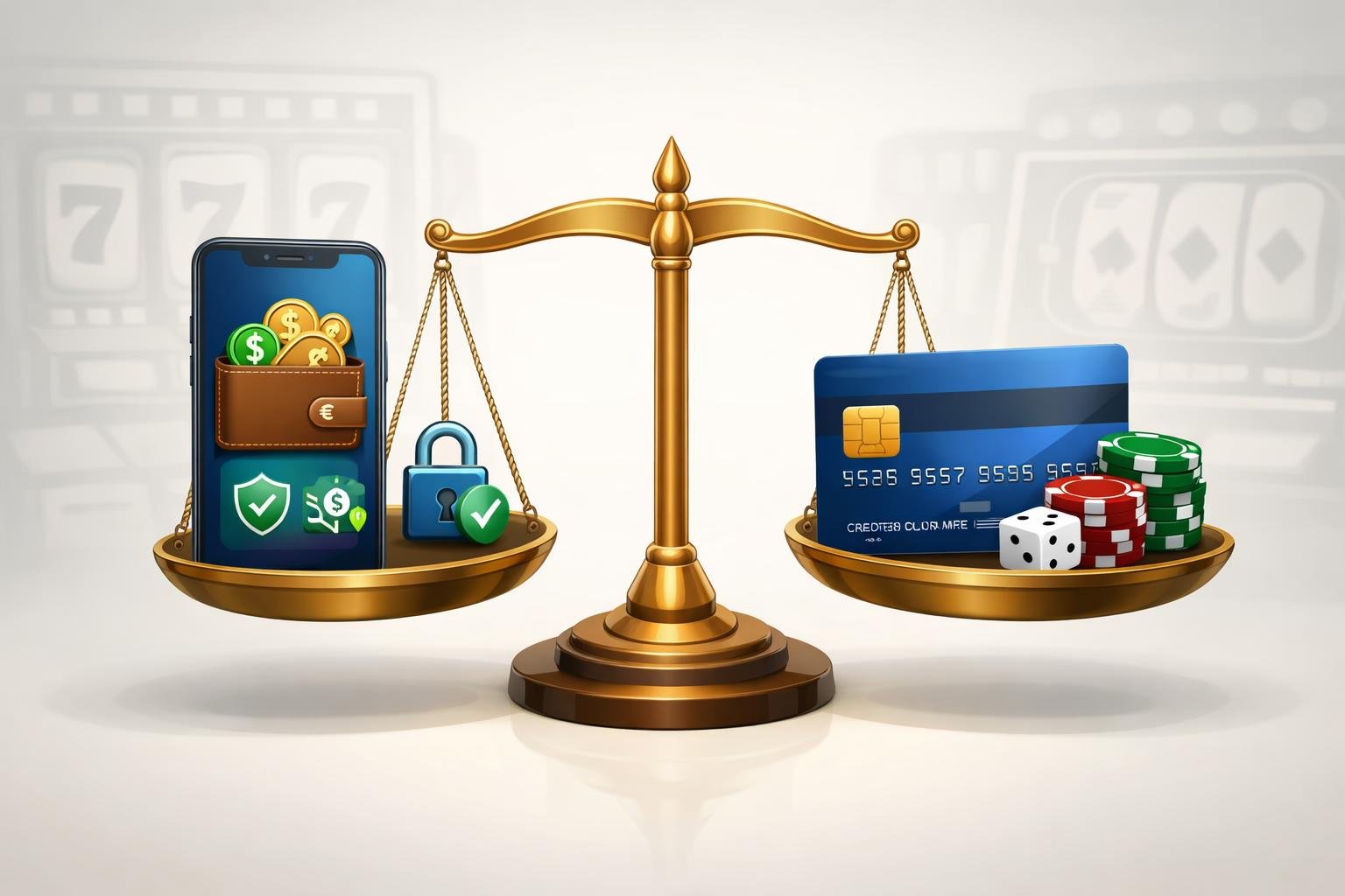 A Balanced Comparison Illustration Showing A Smartphone With An EWallet App On One Side And A Credit Card With Casino Elements On The Other Side, Symbolizing Payment Methods For Online Casinos.