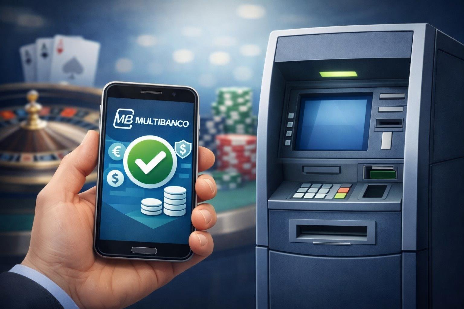 A Hand Holding A Smartphone Showing A Payment Confirmation Near A Multibanco Atm Inside A Casino Setting With Poker Chips And Playing Cards Visible.