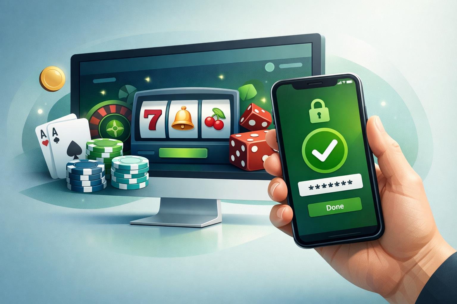 A Hand Holding A Smartphone Showing A Secure Payment Confirmation In Front Of A Computer Screen Displaying An Online Casino Interface With Poker Chips And Playing Cards Around It.