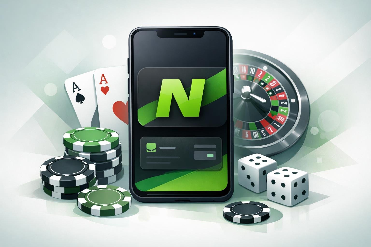 A Smartphone Showing A Digital Wallet With The Neteller Logo, Surrounded By Poker Chips, Playing Cards, And A Roulette Wheel.
